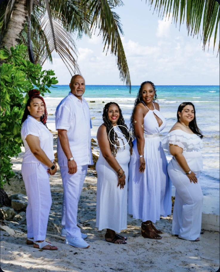 The Lyrics Destinations Travel Group team on the beach with a play video icon