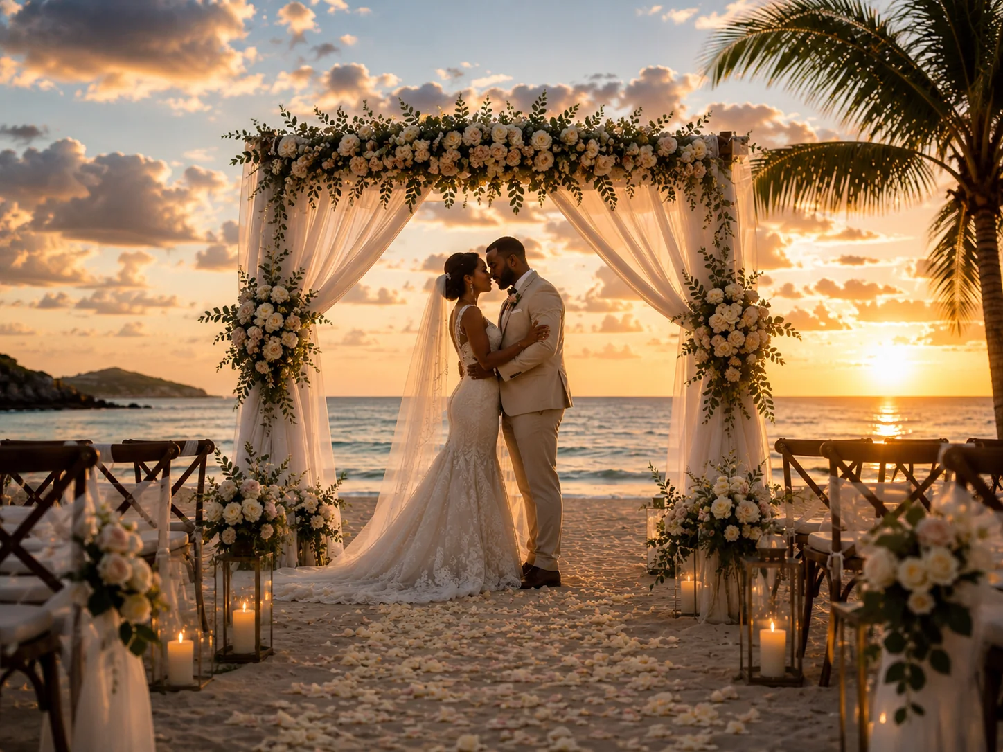 A couple celebrating their destination wedding beneath a floral beach arch at sunset