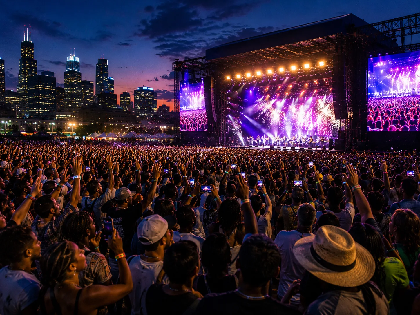 Travelers enjoying a large outdoor concert against a city skyline
