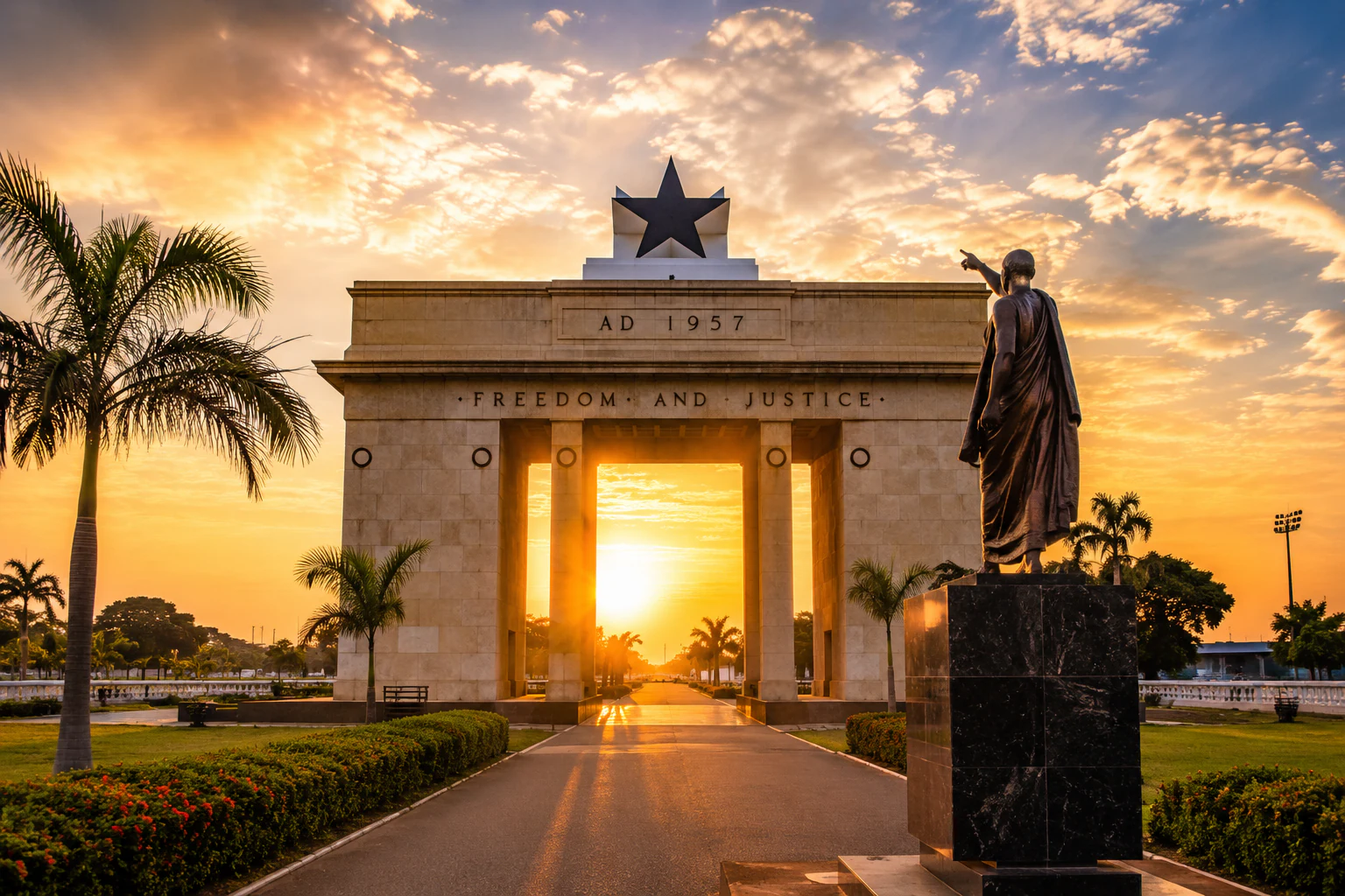 Independence Arch and Black Star Monument in Accra, Ghana at sunset