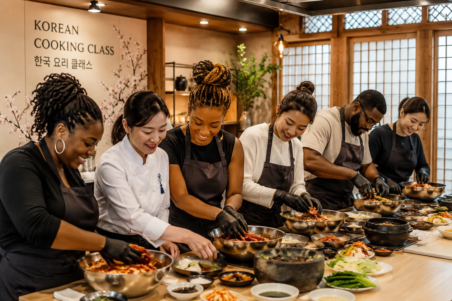 Travelers learning to prepare Korean food in a cooking class