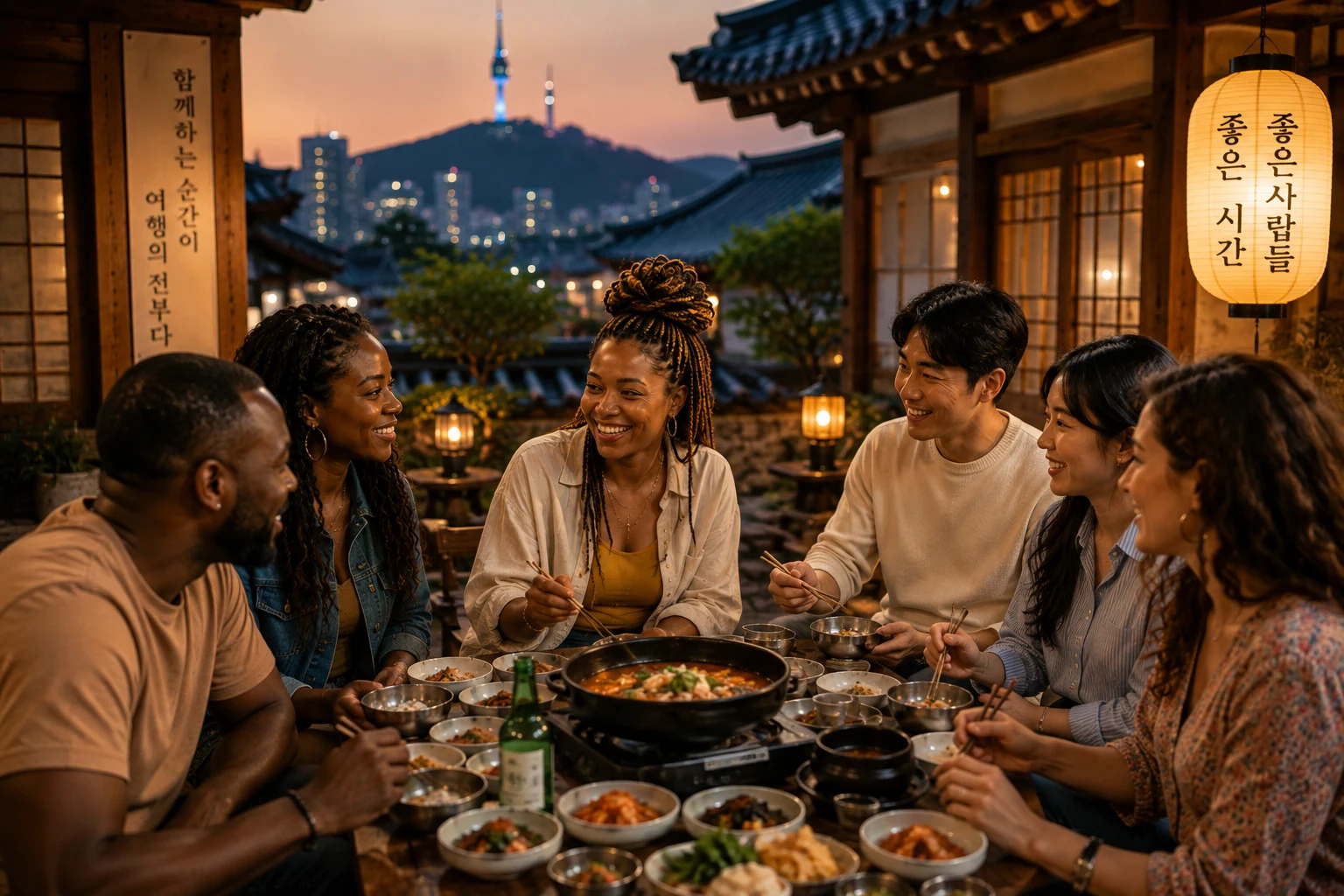 A small group enjoying Korean food together in Seoul