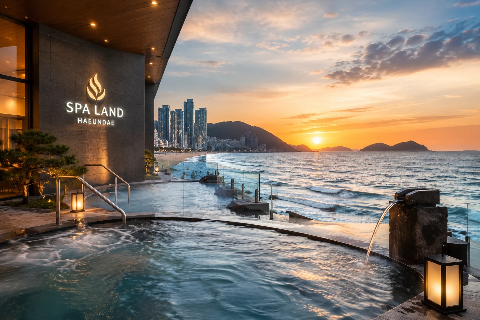 Spa Land and the Haeundae coastline at sunset
