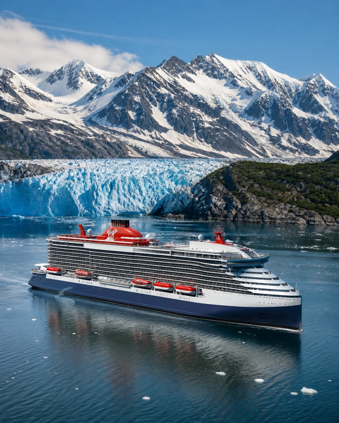 Virgin Voyages Brilliant Lady sailing beside an Alaska glacier and snow-covered mountains