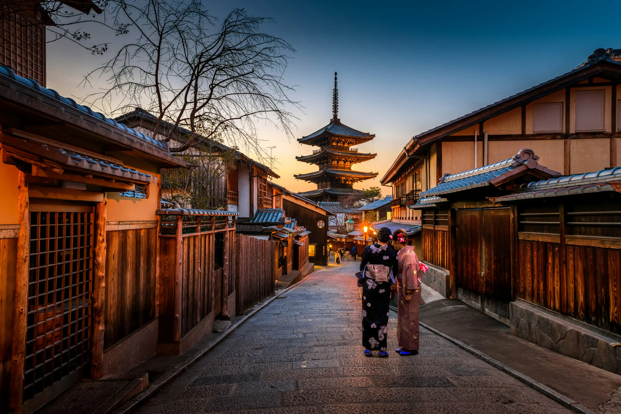 Traditional Kyoto street and Yasaka Pagoda at sunset