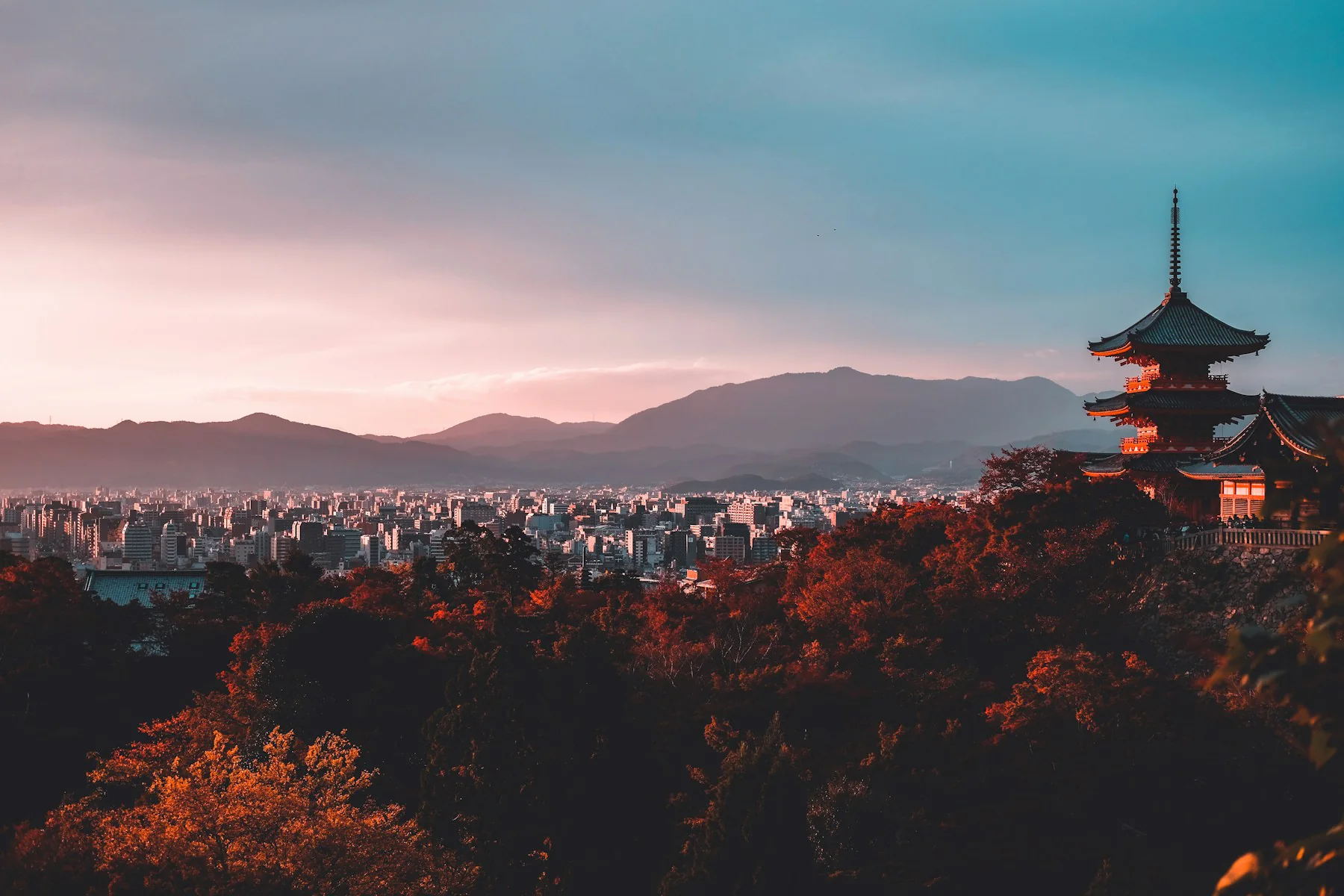 Kyoto temple above the city at sunset